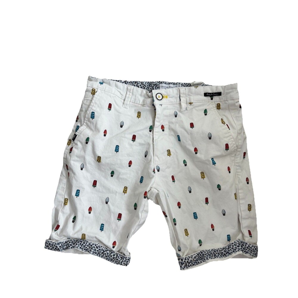 Cactus Man Shorts Mens 29 White Ice Cream Popsicle Print Casual Chino Summer